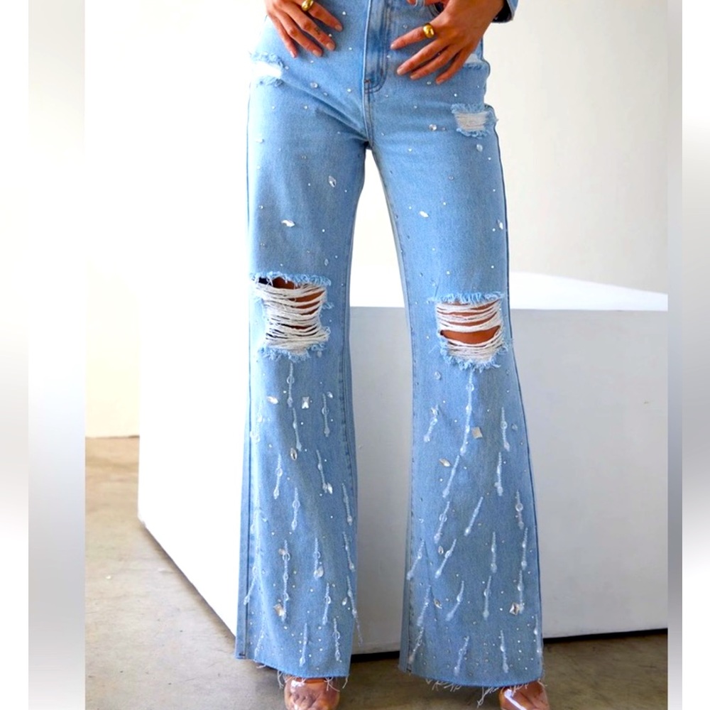 NWT! Fashion Nova - Oh So Icy Embellished Wide Leg Jean - Light Blue Wash